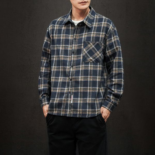 

2021 brand spring autumn long sleeves new flannel collar korea style shirt for men's plaid harajuku clothing w21c, White;black