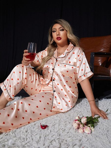 

plus heart print contrast piping satin pj set j7gt#, Black;white