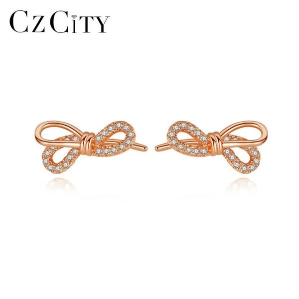 

stud czcity 100% 925 silver lovely design bow-knot earrings for women romantic clear cz stone petite korean style gifts fe-0321, Golden;silver