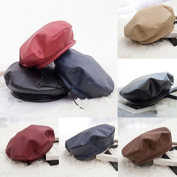 

fashion new casual pu leather beret beret cap vintage women hat for woman autumn winter retro beanie caps bonnet hat cap1, Blue;gray