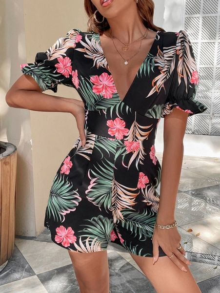 

tropical print flounce sleeve jumpsuit f3to#, White