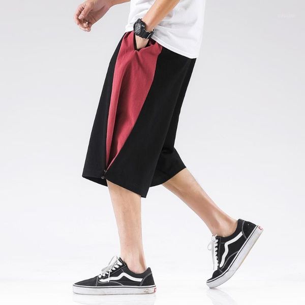 

chinese style cotton linen mens shorts casual summer men's shorts patchwork knee length bermuda short pants men1, White;black