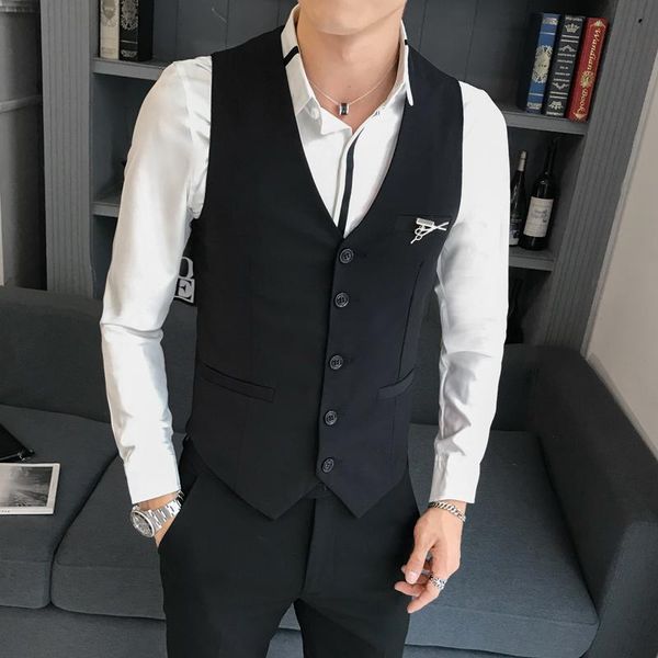 

men's vests wedding dress vest man business fashion waistcoat black slim fit classic formal suit men koream solid sleevess, Black;white