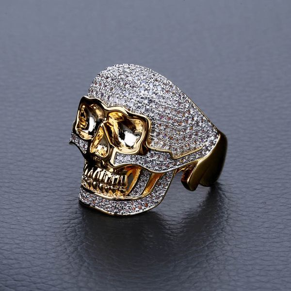 

european and american vintage personality punk rings jewelry fashion luxury gold plated skull glaring cubic zirconia finger rings lw012, Golden;silver