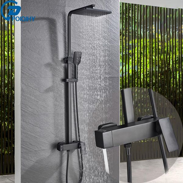 

matte black shower set faucet rainfall bathroom shower mixer tap brass bath shower column in wall faucet rotatable spout bbybim bwkf