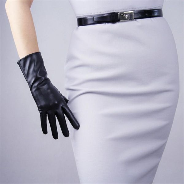 

five fingers gloves 28cm touchscreen medium and long section emulation leather patent pu bright black lined warm coffee brown, Blue;gray