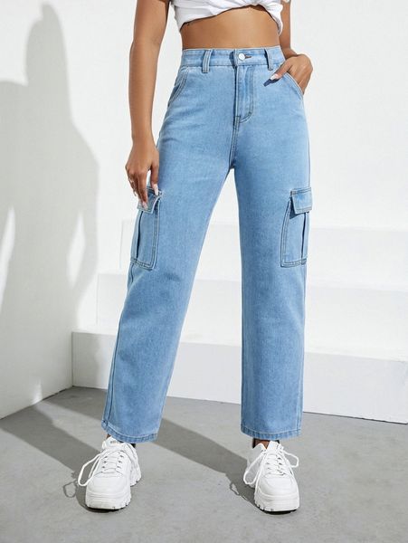 

high waist cargo jeans 33qe#, Blue