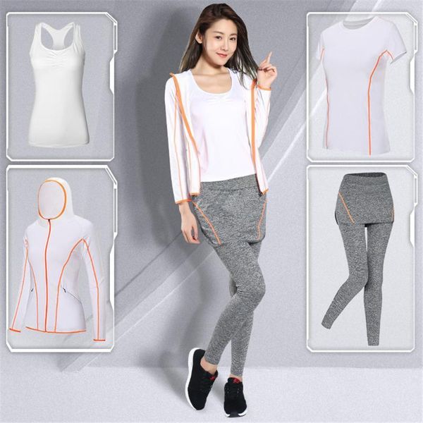 

gym yoga sets hooded coat+t shirt+bra+pants women yoga 4 pieces set fitness sports clothing style fashion female unique1, White;red