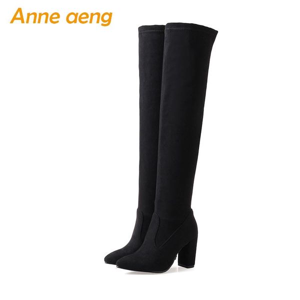 

women winter snow boots over the knee high square heels pointed toe classic ladies black women winter shoes big size 33-46