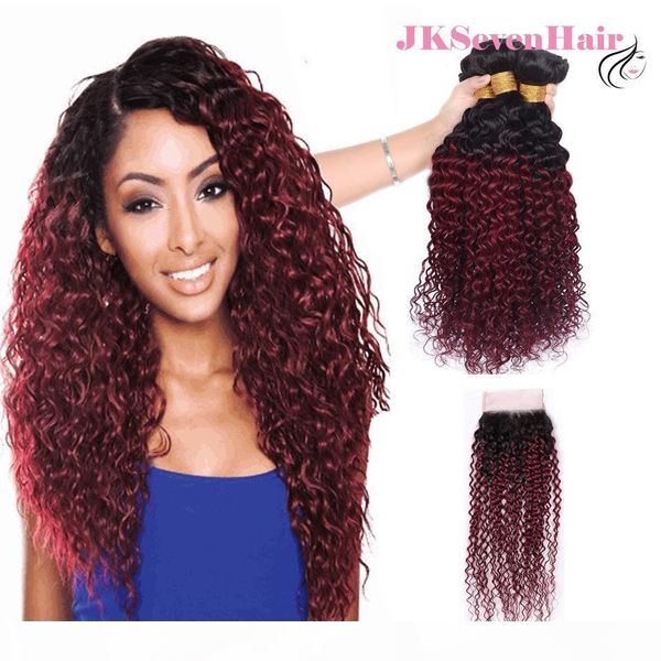 

brazilian virgin human hair curly wave 1b burgundy 3pcs with lace closure peruvian malaysian dark roots burgundy with 4x4 inch closure, Black
