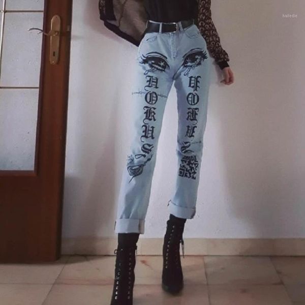 

autumn winter fashion big eyes letter print jeans women straight denim trousers ladiestaille haute loose streetwear dropshipping1, Blue
