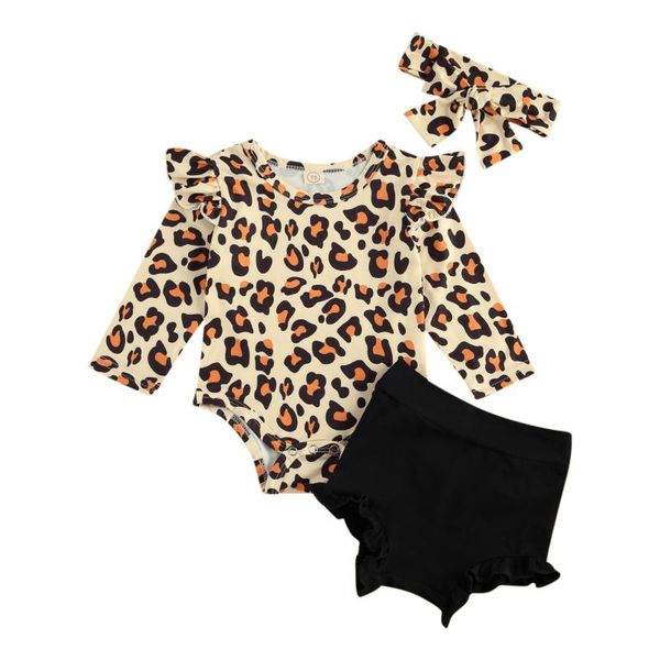 

clothing sets fashion summer baby girls leopard romper suit long sleeve jumpsuit+elastic head high waist shorts+bowknot hairband 3pcs set, White