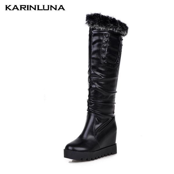 

brand fashion 2020 fur short plush keep warm knee high female boots casual wedges platform rivet platform autumn women shoes, Black
