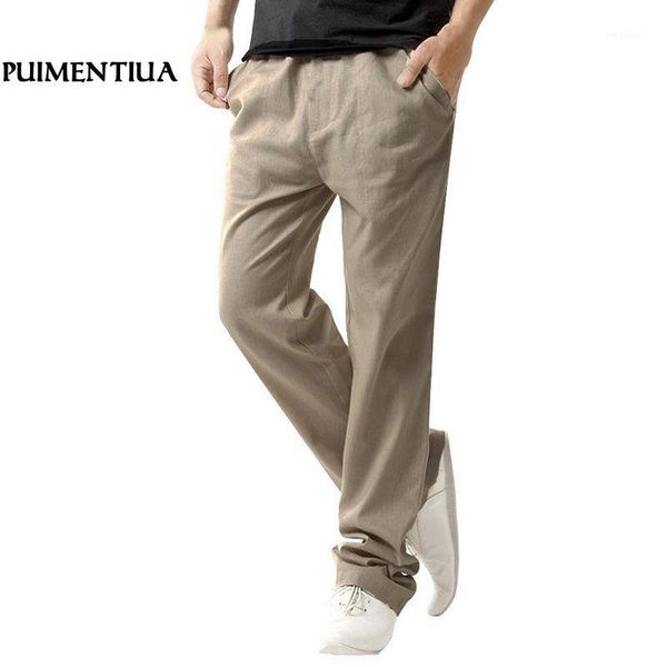 

men's pants puimentiua men solid loose casual straight long linen trousers mid waist plus size pantolone1, Black