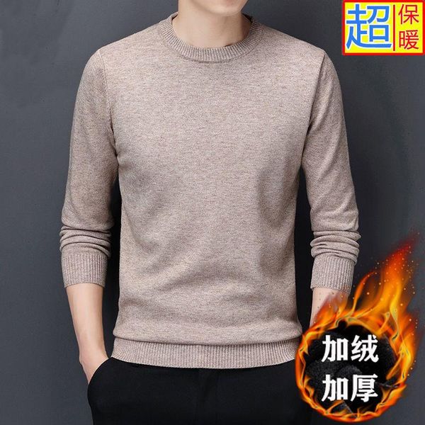 

autumn winter new men's casual knit sweaters plus velvet sweater flannel new pullovers spandex o-neck male brand clothes, White;black