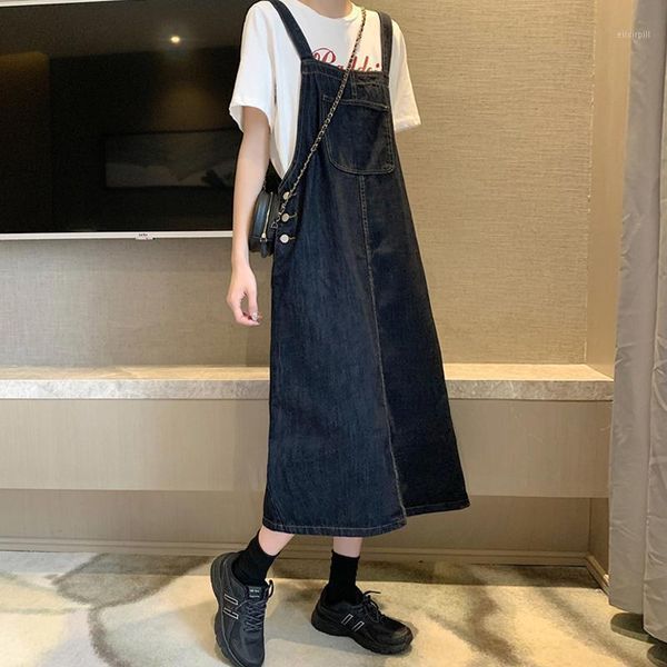

vintage denim dress summer women overalls 2020 fashion sleeveless dress casual loose spaghetti strap split woman jeans dresses1, Black;gray