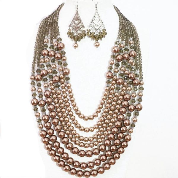 

fashion 7 rows necklace earrings champagne round shell simulated-pearl charms party weddings women jewelry set 19-27.5inch b1305, Silver
