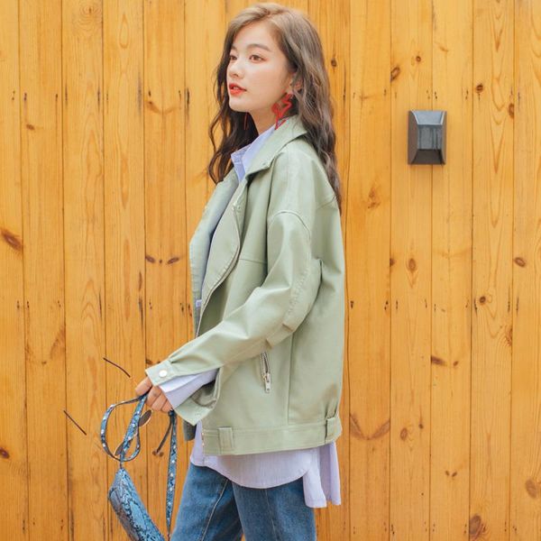 

women's leather & faux spring autumn long sleeve turndown collar motorbike pu jacket women lady loose design, Black