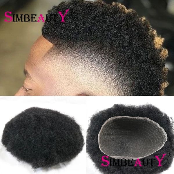 4mm Off Black Afro Kinky Curly Curly Homem Cabelo Homens Homens 100% Humanos Humores Africano American Full Lace Toupee System Wig