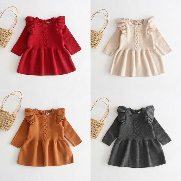 

girl's dresses kids baby kid girls dress autumn winter warm knitted sweater pullovers long sleeve crochet princess tutu outfits 6m-5y1, Red;yellow