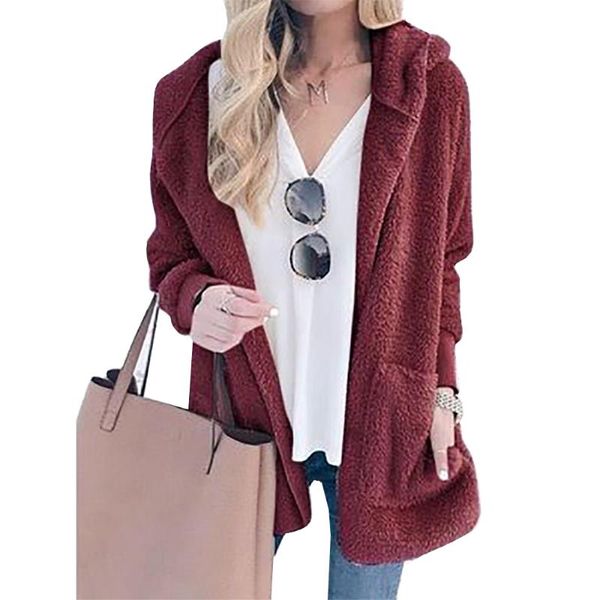 

women winter plush coats hooded long sleeve pockets open stitch cardigans outwear solid color casual warm jackets for women 2021, Black;brown