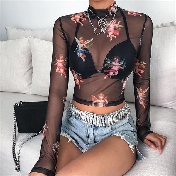 

transparent bodycon long sleeve t shirt angel print cropped tshirt mesh slim ladies turtleneck t shirt streetwear, White