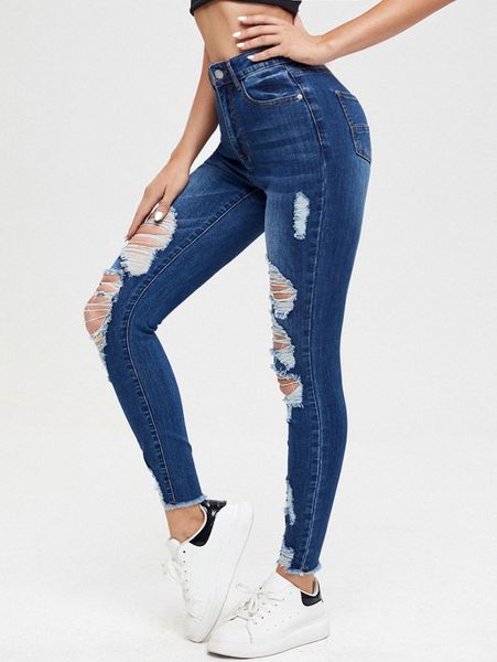 

high waist ripped raw hem cropped jeans q57r#, Blue