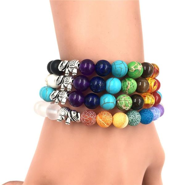 

7 chakra bracelet men multicolor lava healing balance beads reiki buddha prayer natural stone yoga bracelet for women elephant, Golden;silver