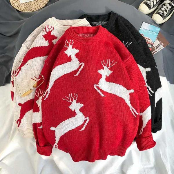 

men's sweaters fashion spring autumn men clothes o-neck christmas elk pattern sweater korean ins student handsome loose knit thick pull, White;black