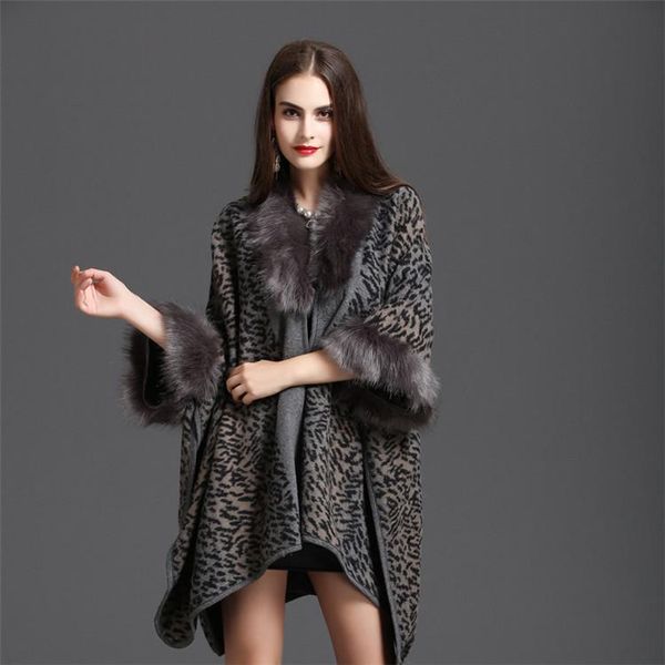 

new autumn and winter women's coat imitation rex rabbit fur collar hooded knitted shawl cloak plus size long cloak loose warm cloak coa, White;black