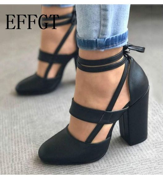 

dress shoes effgt women pumps plus size 35-43 heels chaussures femme gladiator summer high for party wedding, Black