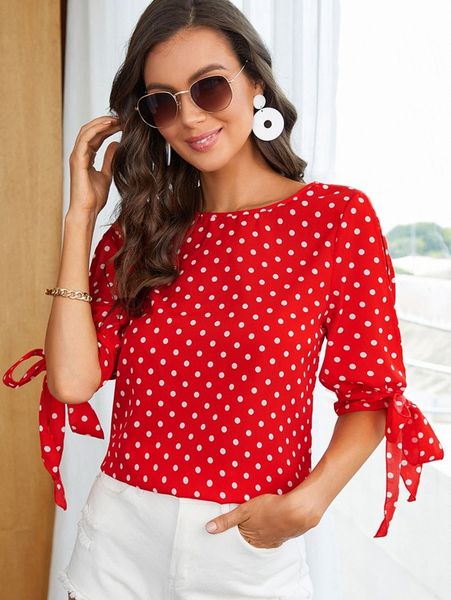 

polka dot tie cuff blouse x1dw#, White