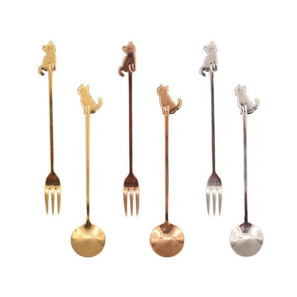 

stainless steel mini cat kitten spoons for coffee tea dessert drink mixing cake fruit fork wb2965