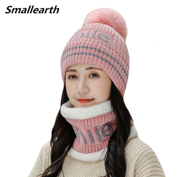 

new winter pompom hat scarf set for women girls plus velvet warm caps female winter casual thick plush knitted hats 2 pieces set, Blue;gray