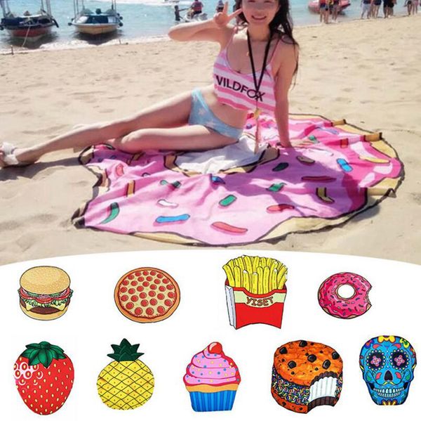 

summer fruits beach towel 18 styles pizza hamburger donut skull ice cream strawberry polyester round beach shower towel w008