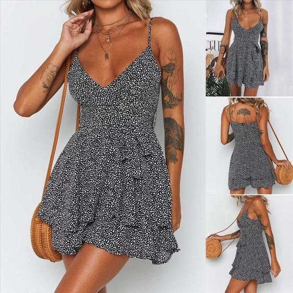

women summer dress deep v-neck sleeveless dot print cascading ruffle bandage mini strap dress party vestidos verano 2020 new wh, Black;gray