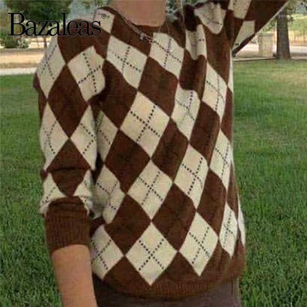

bazaleas fashion o neck pull femme clothes streetwear plaid women's sweater basic tartan coffee women knitted pullover1, White;black
