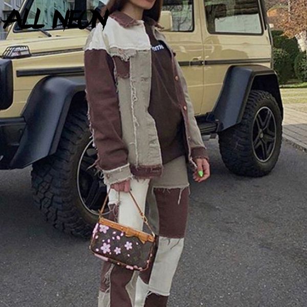 

allneon y2k vintage patchwork stitch turn down collar demin jackets harajuku e-girl pockets front long sleeve outerwear autumn, White
