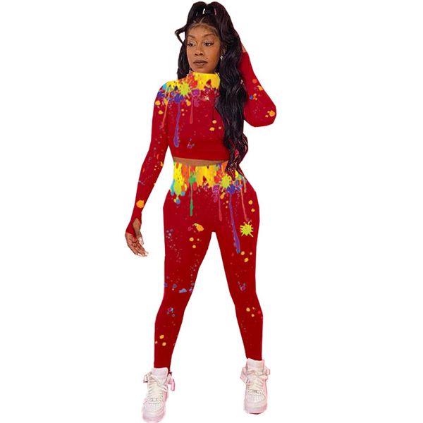 

women tracksuit shaping high collar long sleeve crop pants leggings color splash ink casual two piece outfit sports suit 5 color e92803, White