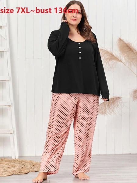 

plus size 7xl women home wear set dot print pants button long sleeve pajamas sets sleepwear nightgown homewear soft pink 541, Black;brown