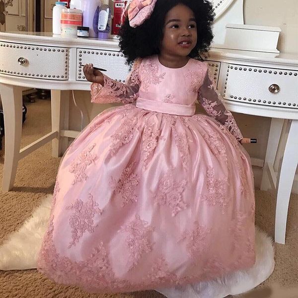 

girl's dresses pageant for girls 2021 pink lace illusion long sleeve flower girl weddings with bow sash first communion, Red;yellow