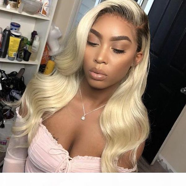 

613 светлый парик шнурка с человеческими волосами 100 virgin перуанский волос 613 ombre blonde body wave full lace wig блондинку с black roo, Black;brown