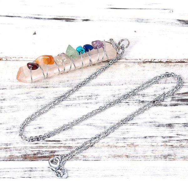 

new arrival reiki chakra healing crystal pendant handmade wire wrapped 7 chakra natural stone pendant quartz necklac qyliic, Black