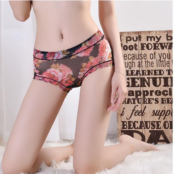 

large size printing mesh antibacterial underwear women lace traceless middle waist women's triangle modal, Black;pink