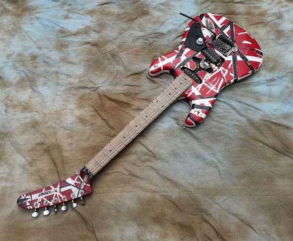 

heavy relic big headstock kram edward van halen 5150 white black stripe red franken electric guitar floyd rose tremolo & locking nut