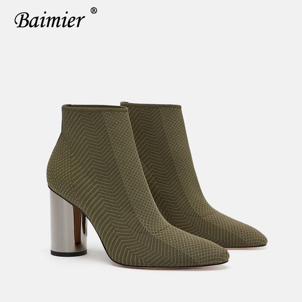 

baimier green stretch knitting women sock boots silver round heel ankle boots for women pointed toe slip on short women boots y200723, Black