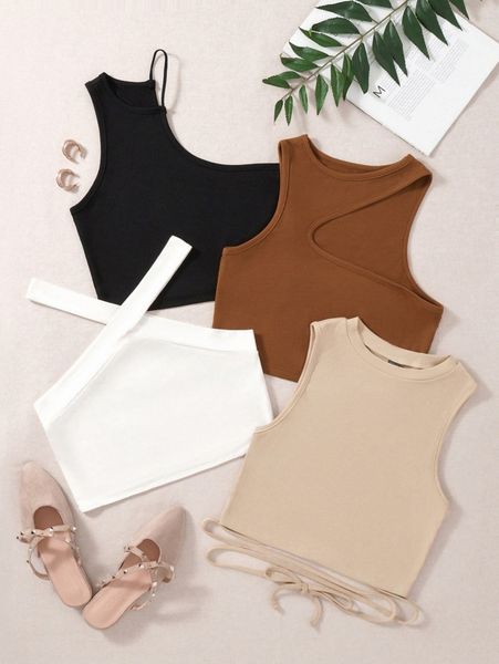 

4pcs solid crop rib-knit k6kp#, White