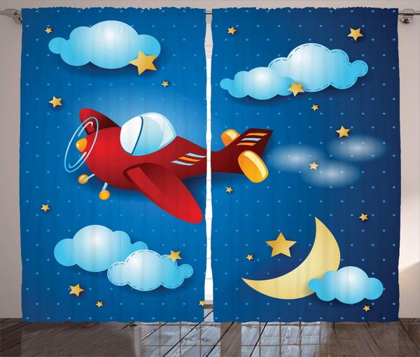 

plane window curtains retro airplane flying at night sky with moon and stars artisan cartoon print living room decor bedroom