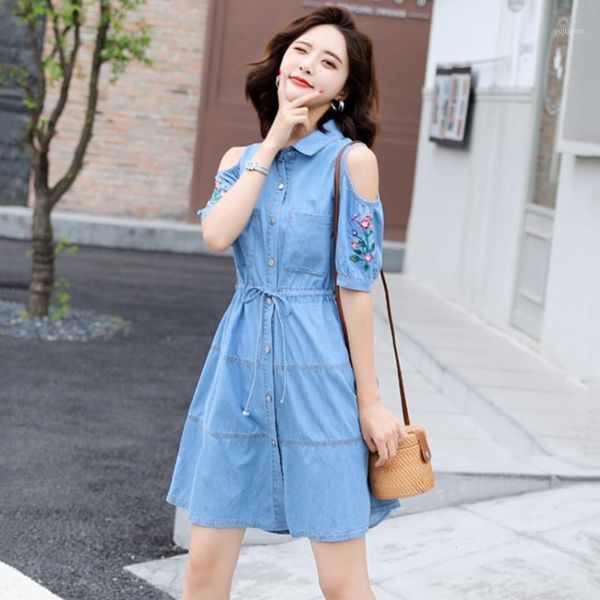 

2020 summer jeans dress korean fashion floral embroidery elegant dress women short sleeve casual denim robe femme1, Black;gray