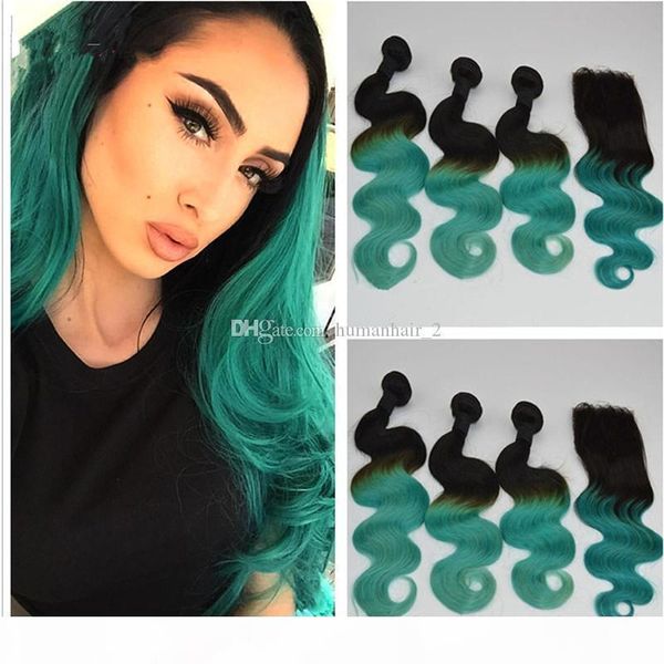 

two tone hair 1b green ombre body wave brazilian virgin hair with lace closure ombre 1b green closure indian human hair weaves, Black;brown